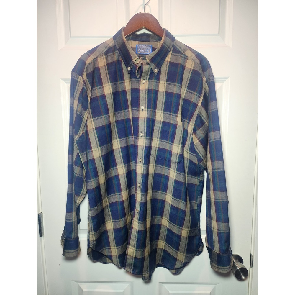 Vintage 70s Sir Pendleton Wool Plaid Shirt Mens XL Blue Tan Button Down USA